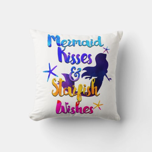 Mermaid Kisses  Starfish Wishes Watercolor Beachy Throw Pillow