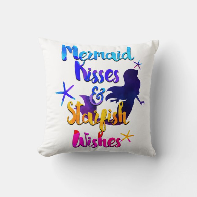 Mermaid Kisses & Starfish Wishes Watercolor Beachy Throw Pillow (Front)