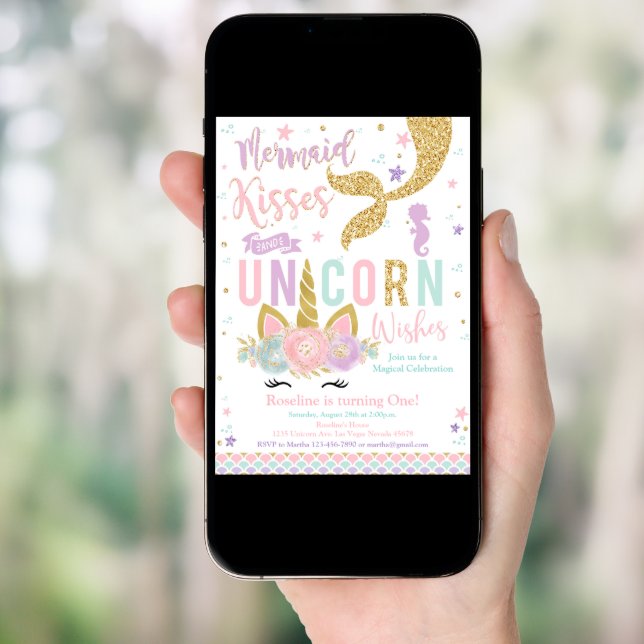 Mermaid kisses & Unicorn Wishes Birthday Invitation (Front Digital)
