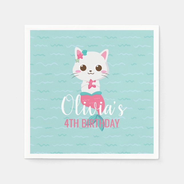 Mermaid Kitty Birthday Party Napkins (Front)