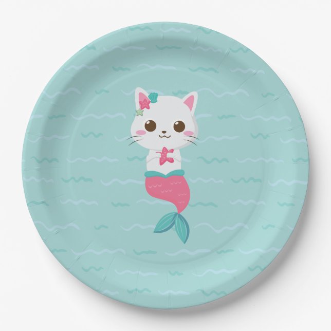 Mermaid Kitty Birthday Party Paper Plates (Front)