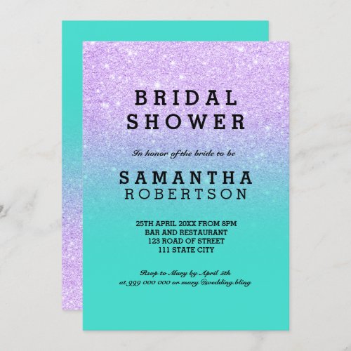 Mermaid lavender faux glitter teal bridal shower invitation