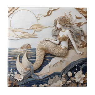 Mermaid Left sided Faux Relief Japanese Asian art Ceramic Tile