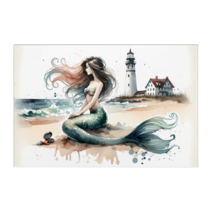Mermaid Lighthouse Coastal Watercolor Scene Acrylic Print