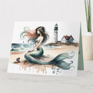 Mermaid Lighthouse Coastal Watercolor Scene Card