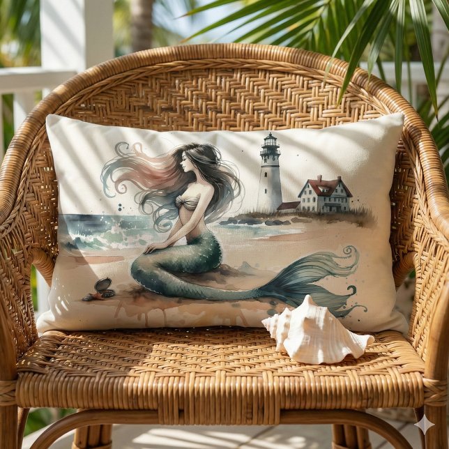 Mermaid Lighthouse Coastal Watercolor Scene Lumbar Pillow (Mermaid Lighthouse Coastal Watercolor Scene Lumbar Pillow Mockup A)