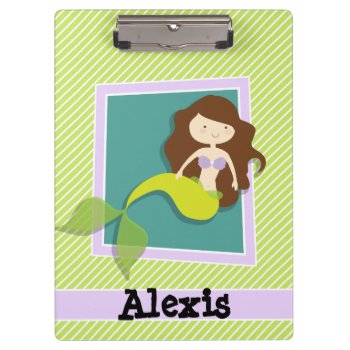 Mermaid; Lime Green & White Stripes Clipboard by Birthday_Party_House at Zazzle