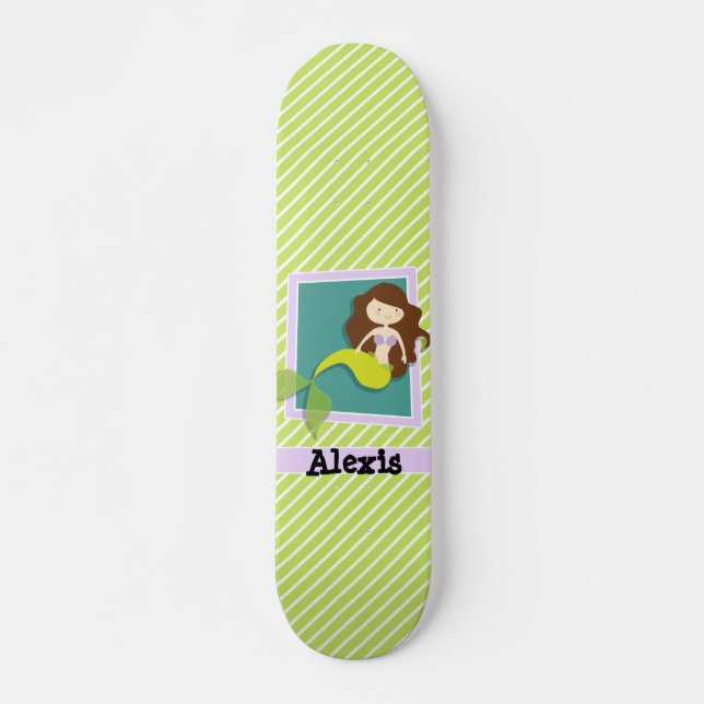 Mermaid; Lime Green & White Stripes Skateboard Deck (Front)