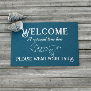 Mermaid Lives Here Funny Teal Doormat