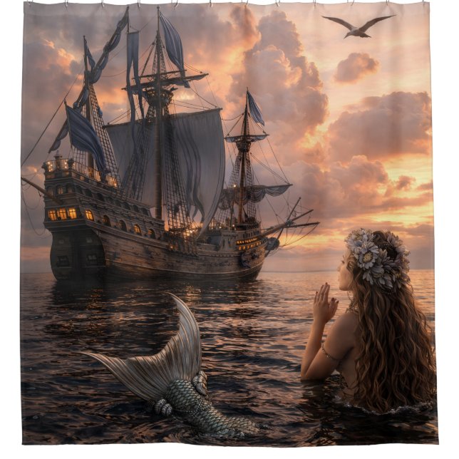 Mermaid Looking At A Sailing Ship Shower Curtain (Front)