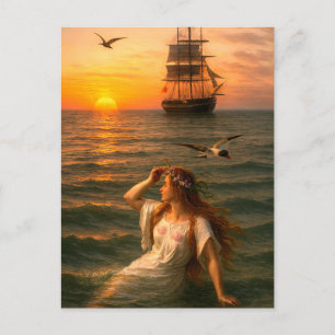 Mermaid Looking At Sailing Ship At Sunset Postcard