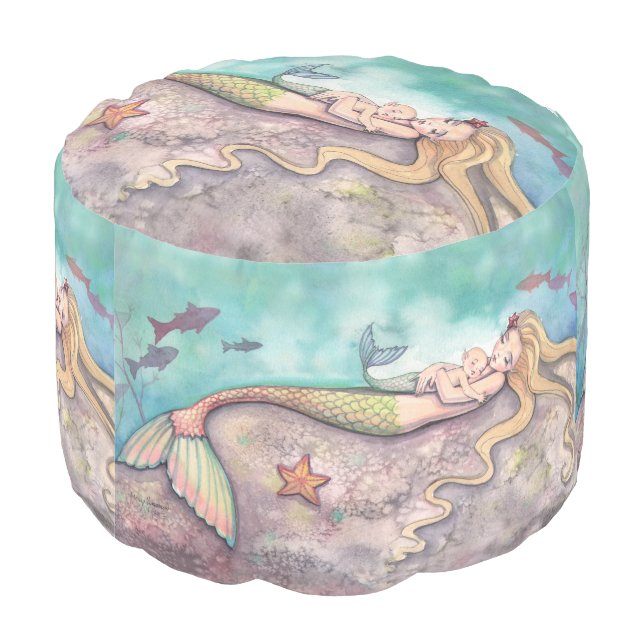 Mermaid Lullaby Mother and Baby Art Round Pouf (Angled Back)