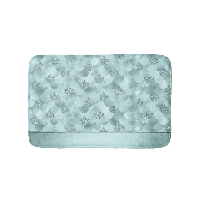 Mermaid Luxe Scale | Seafoam Mint Green Aqua Sheen Bath Mat (Front)