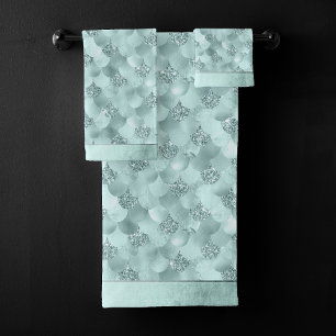 Mermaid Luxe Scale Seafoam Mint Green Aqua Sheen Bath Towel Set