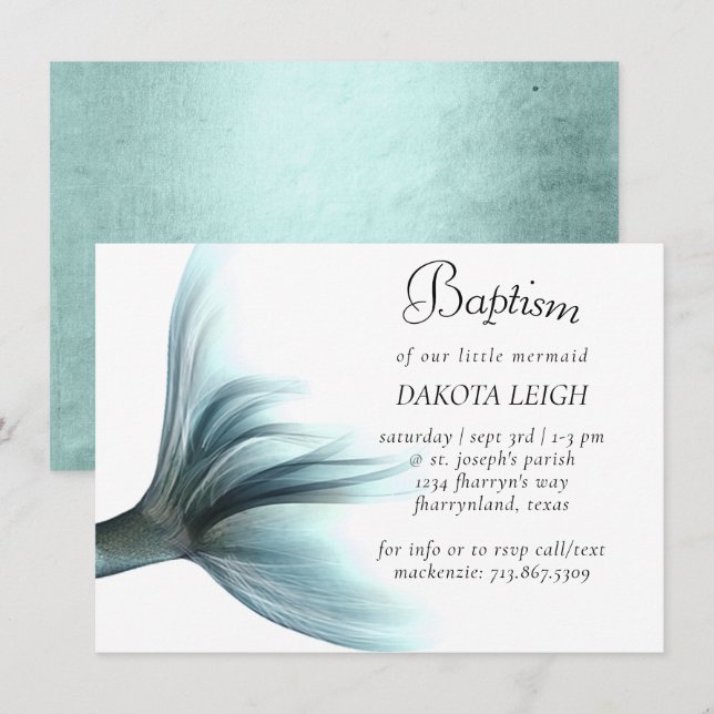 Mermaid Luxe | Seafoam Mint Green Sheen Baptism Invitation (Front/Back)