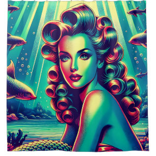 “Mermaid Marina: 1940’s Pin-Up Mermaid Charm” Shower Curtain