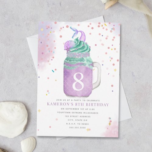 Mermaid Mason Jar Milkshake Girls Birthday Age Inv Invitation
