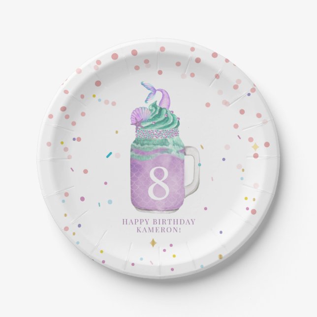 Mermaid Mason Jar Milkshake Girls Birthday Age Paper Plates (Front)