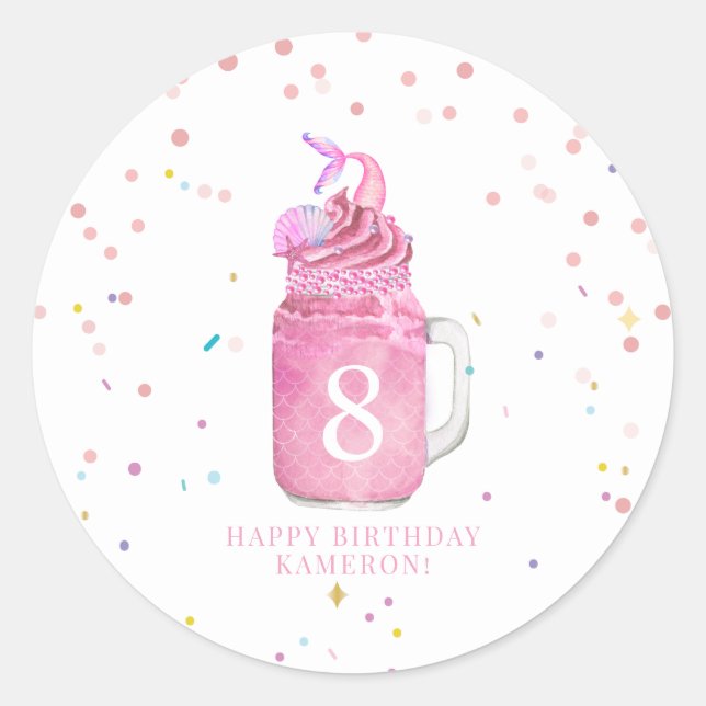 Mermaid Mason Jar Milkshake Girls Pink Birthday  Classic Round Sticker (Front)