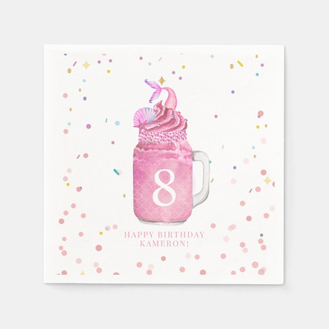 Mermaid Mason Jar Milkshake Girls Pink Birthday  Napkins (Front)