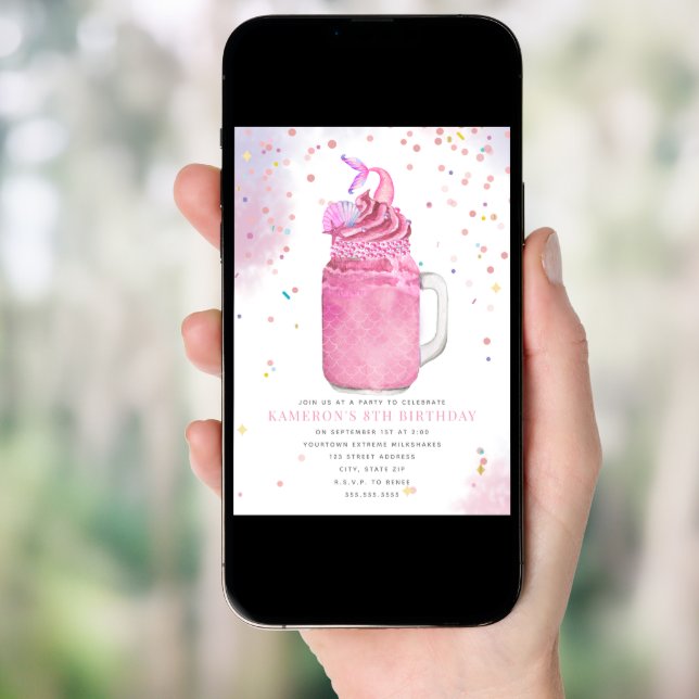 Mermaid Mason Jar Pink Milkshake Girls Birthday  Invitation (Front Digital)