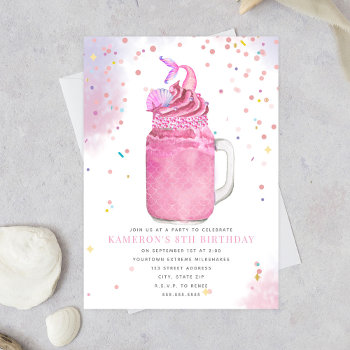 Mermaid Mason Jar Pink Milkshake Girls Birthday  Invitation by JillsPaperie at Zazzle