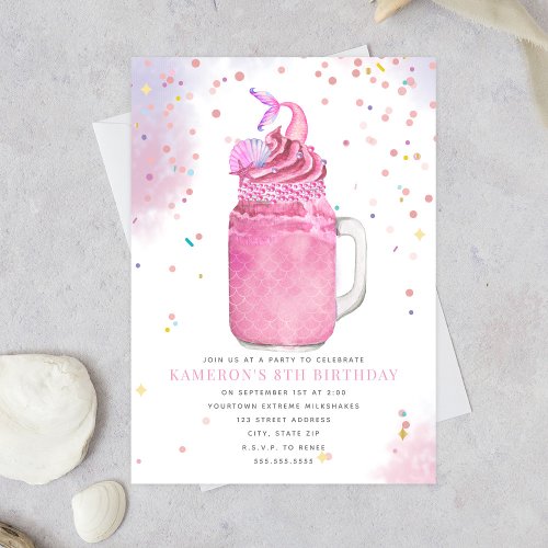 Mermaid Mason Jar Pink Milkshake Girls Birthday  Invitation