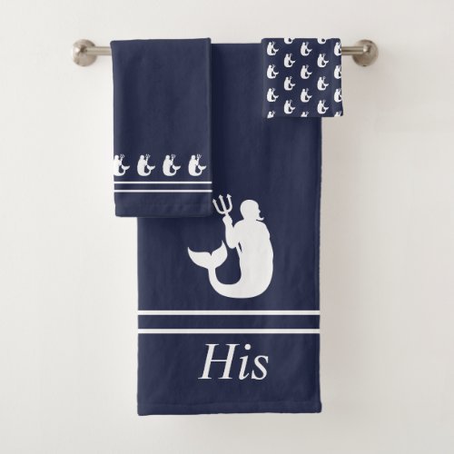 Mermaid Merman Navy Blue and White His  Bath Towel Set