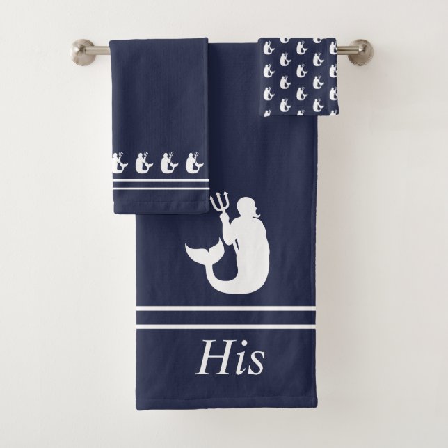 Mermaid Merman Navy Blue and White His  Bath Towel Set (Insitu)