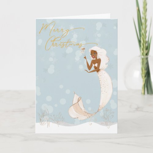 Mermaid Merry Christmas Gold  Holiday Card