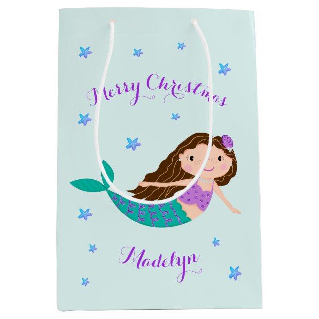 Mermaid Merry Christmas Personalized Medium Gift Bag (Front)