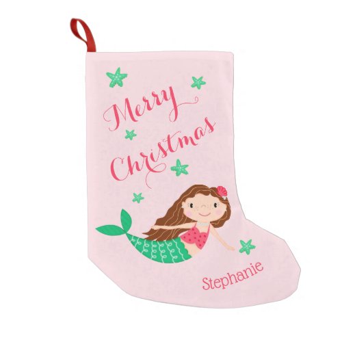 Mermaid Merry Christmas Personalized Pink Small Christmas Stocking