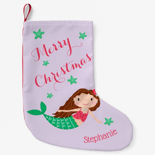 Mermaid Merry Christmas Personalized Purple Small Christmas Stocking (Front)