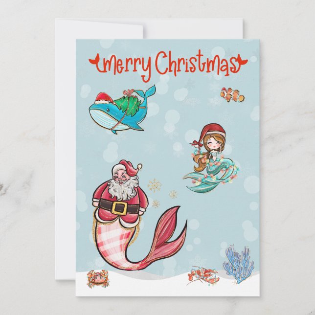 Mermaid Merry Christmas Santa Sealife Holiday Card (Front)
