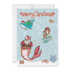 Mermaid Merry Christmas Santa Sealife Holiday Card
