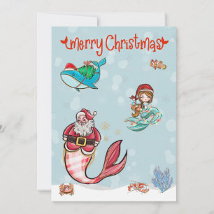 Mermaid Merry Christmas Santa Sealife Holiday Card