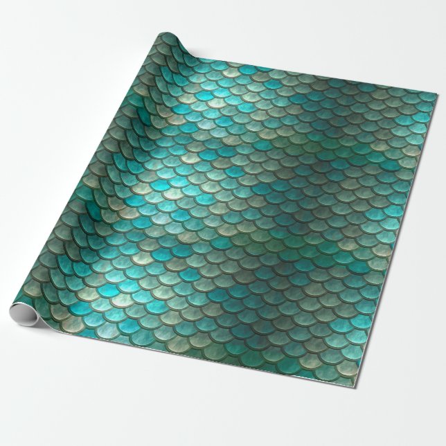 Mermaid minty green fish scales pattern wrapping paper (Unrolled)