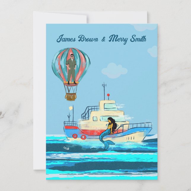 Mermaid Mission Hot Air Balloon Boat Wedding Invitation (Front)