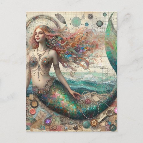 Mermaid Mixed Media Collage Postcard