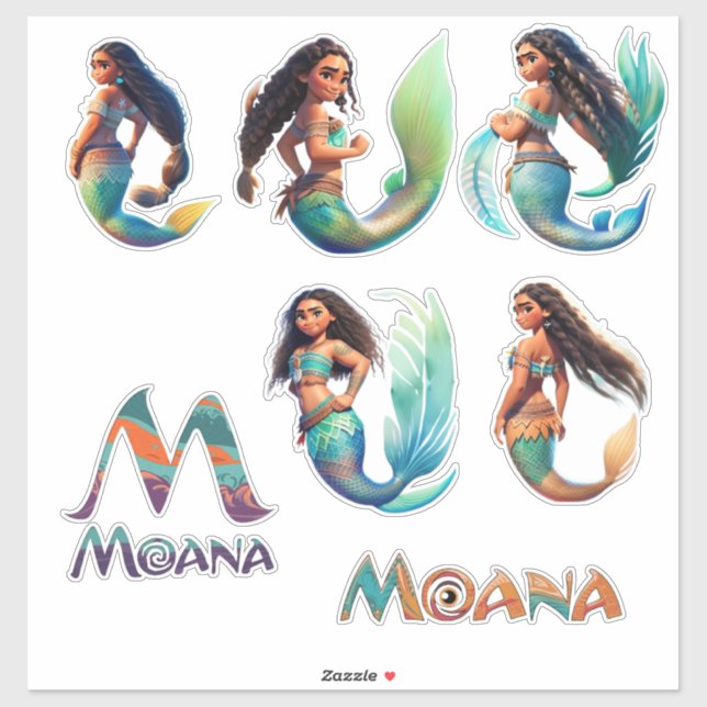 Mermaid Moana Adventures Custom-Cut Vinyl Sticker (Sheet)