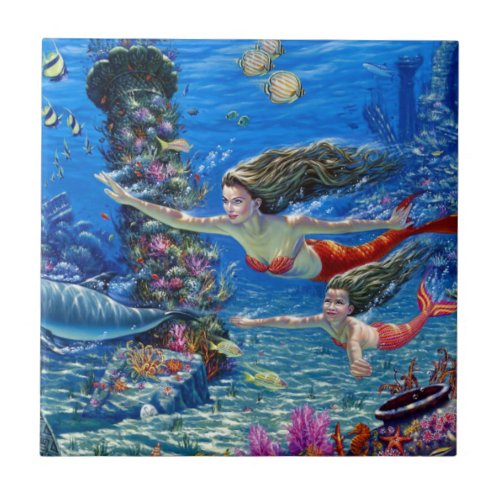 mermaid mom and baby ceramic tile