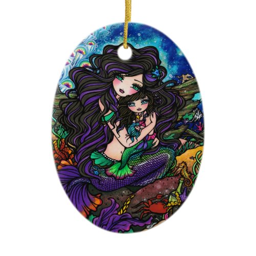 Mermaid Mom and Baby Underwater Art by Hannah Lynn Ceramic Ornament