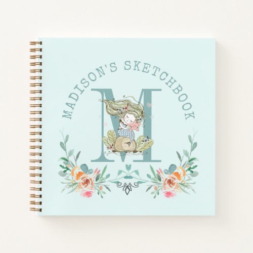 Mermaid Monogram Floral Personalized Sketchbook Notebook