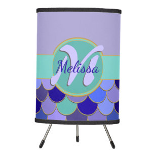 Mermaid Monogram + Name Aqua Teal Lavender Blue Tripod Lamp