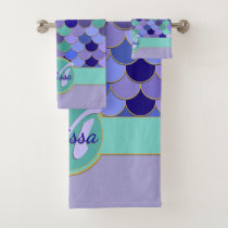 Mermaid Monogram + Name | Aqua Teal Purple Blue Bath Towel Set