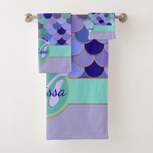 Mermaid Monogram  Name  Aqua Teal Purple Blue Bath Towel Set
