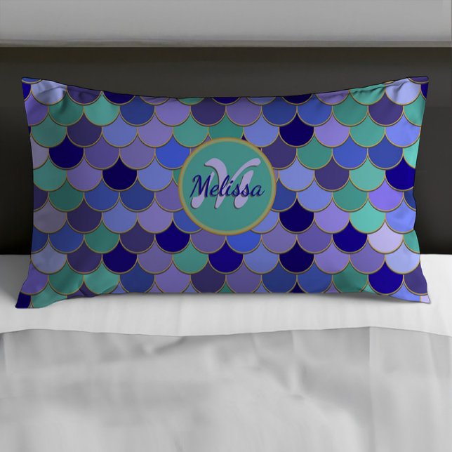 Mermaid Monogram + Name | Aqua Teal Purple Blue Pillow Case (Creator Uploaded)