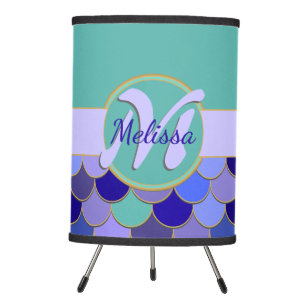 Mermaid Monogram + Name   Aqua Teal Purple Blue Tripod Lamp