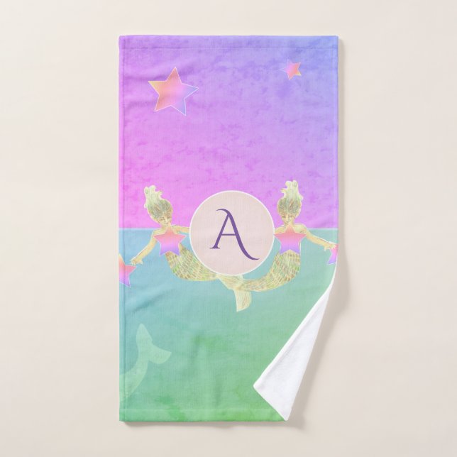 Mermaid Monogram Pink and Turquoise Bath Towel Set (Hand Towel)