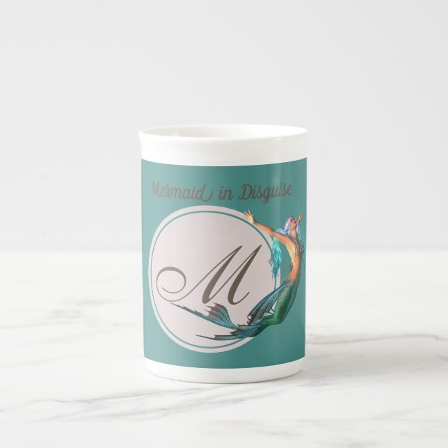 Mermaid Monogram Teal Beautiful Bone China Mug (Front)